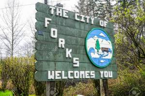 Welcome sign at the city limit of Forks - FORKS - WASHINGTON